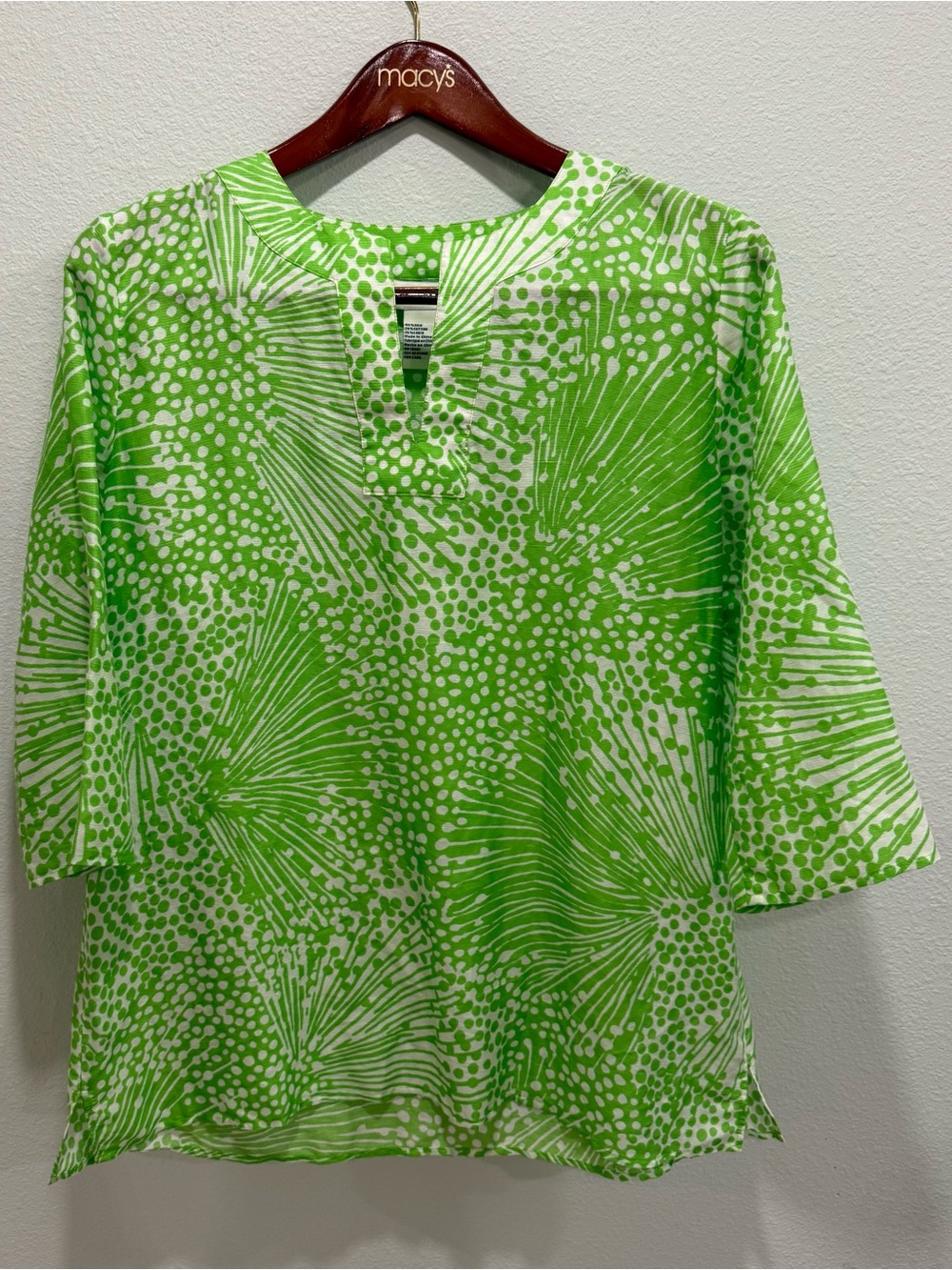 LIKE NEW 💚🤍 Doncaster Lime Green Dandelion Print Tunic Top Silk Linen Approx M